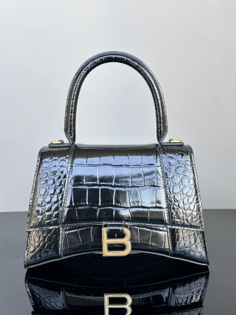BALENCIAGA WOMEN'S HOURGLASS SMALL HANDBAG CROCODILE EMBOSSED IN BLACK WITH GOLD HARDWARE L9 x H5.5 x W3.9 inch