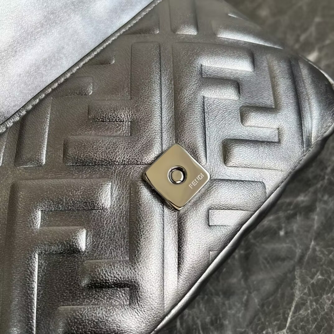 FENDI Baguette Phone Pouch Craquelé silver leather pouch 19x5x12cm