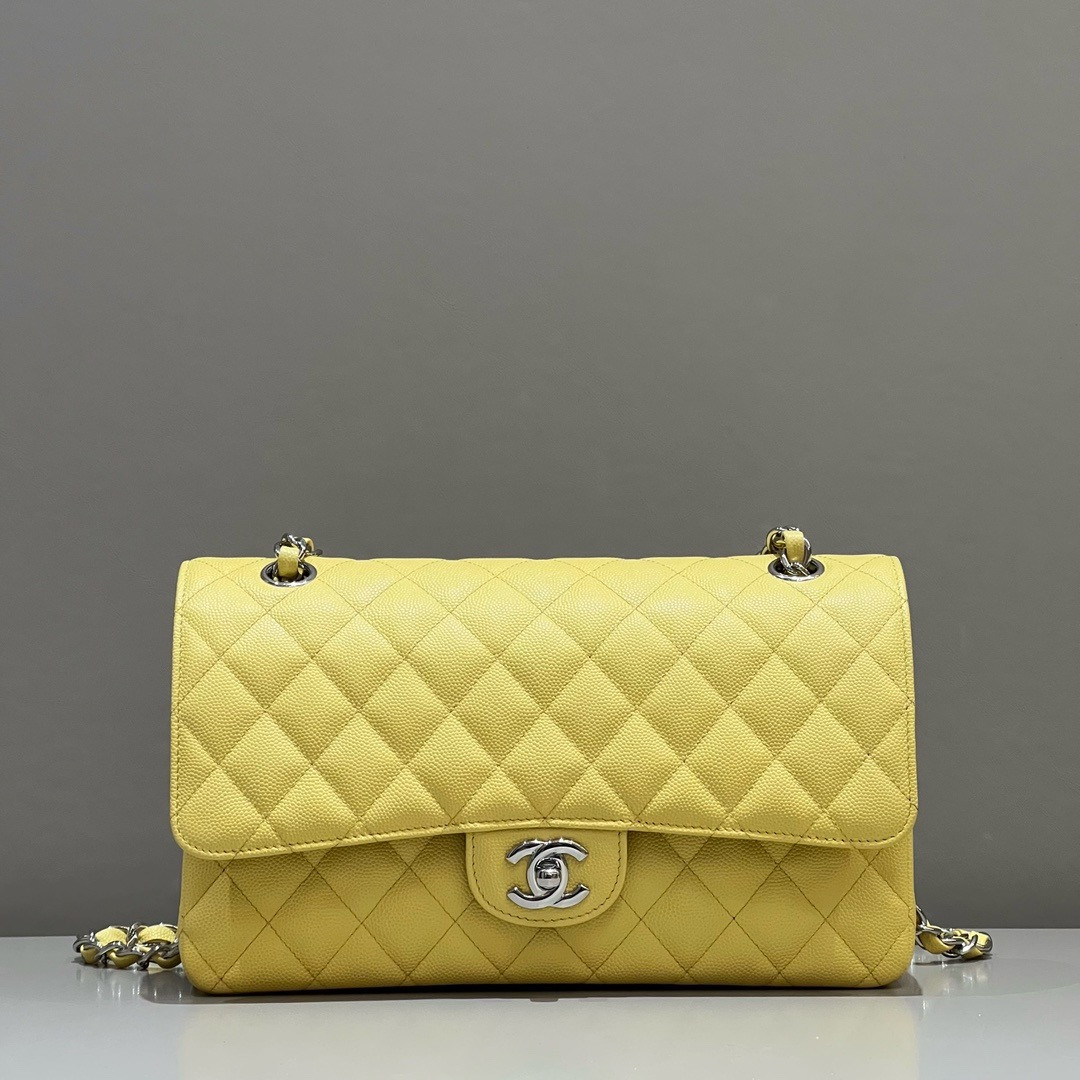 CHANEL CLASSIC HANDBAG GRAINED CALFSKIN & SILVER - TONE METAL Yellow 6×9.9×2.5in