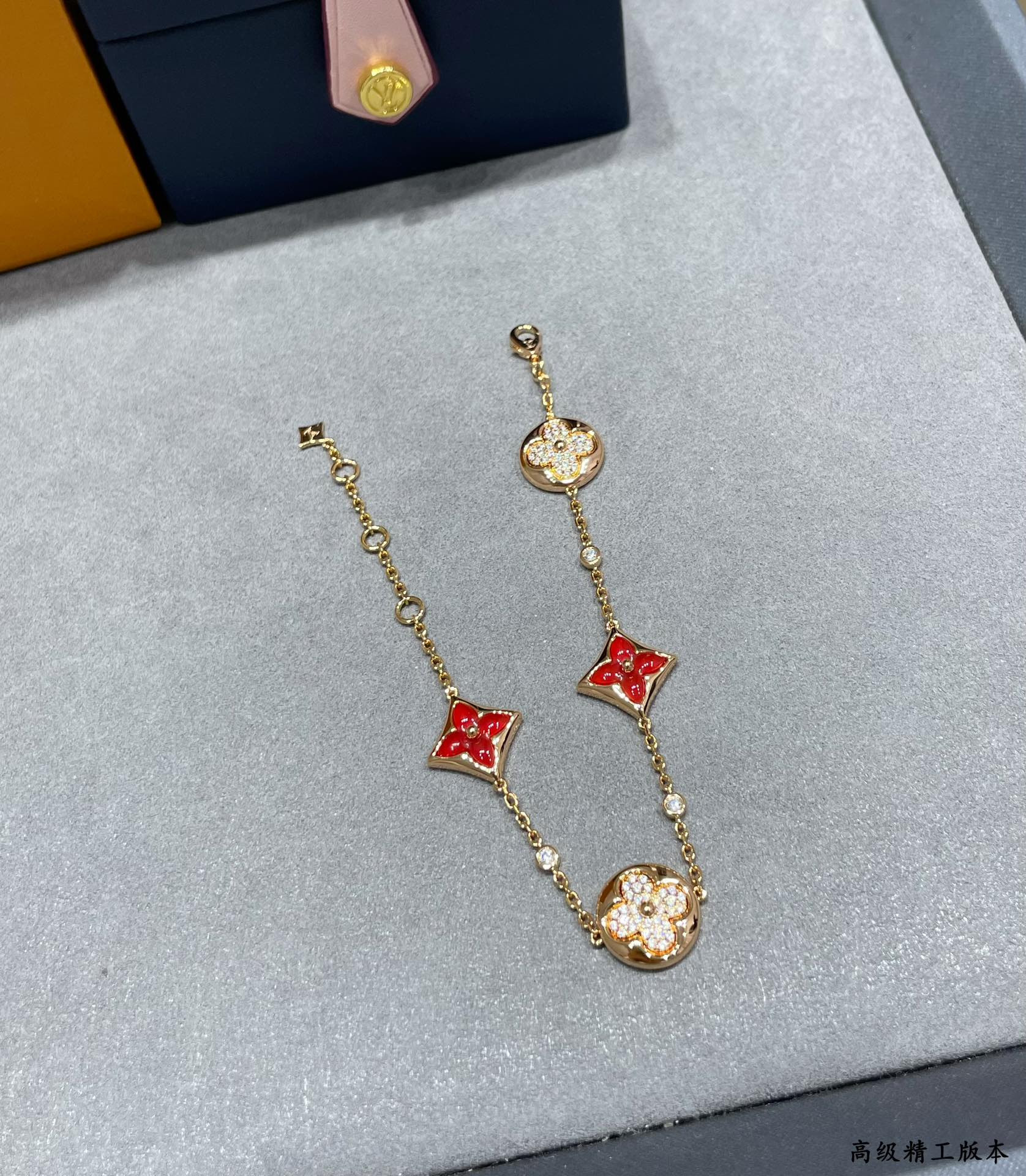 Louis Vuitto Large with Red Agate and Diamonds Four-Flower Bracelet