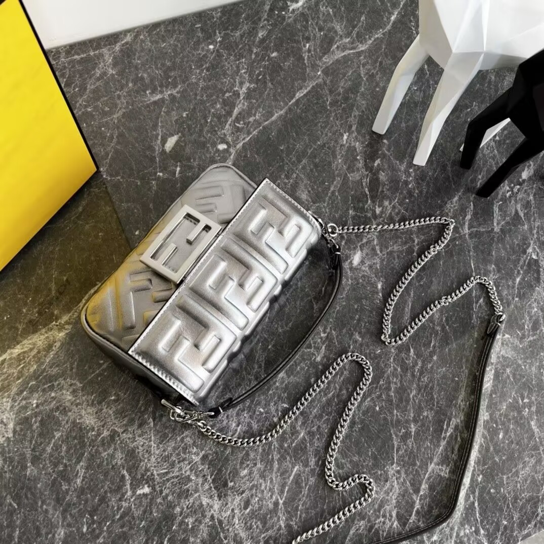 FENDI Baguette Phone Pouch Craquelé silver leather pouch 19x5x12cm