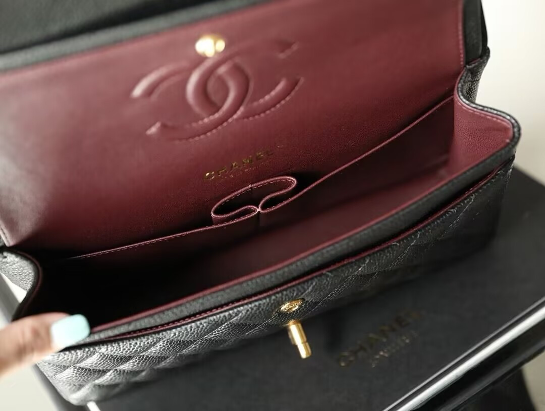 CHANEL SMALL CLASSIC HANDBAG Grained Calfskin & Gold-Tone Metal Black 5.7 × 9 × 2.3 in