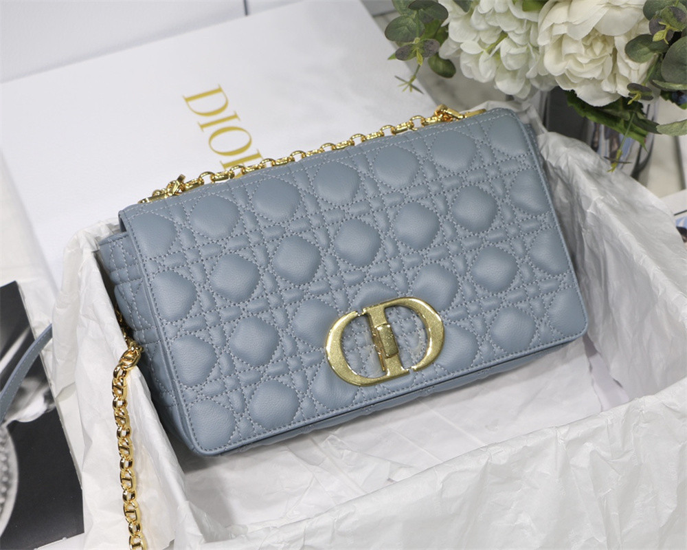 LARGE DIOR CARO BAG Light Blue Supple Cannage Calfskin 29 x 18 x 10 cm