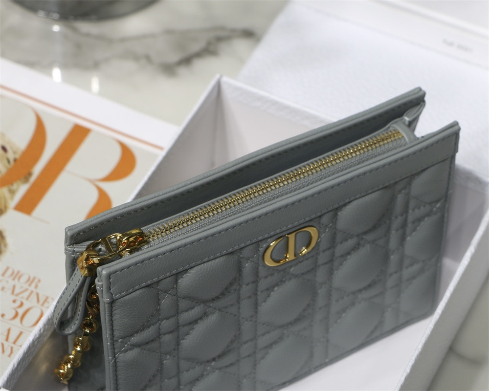 DIOR CARO ZIPPED POUCH WITH CHAIN Grey Supple Cannage Calfskin 19 x 14 x 4.5 cm
