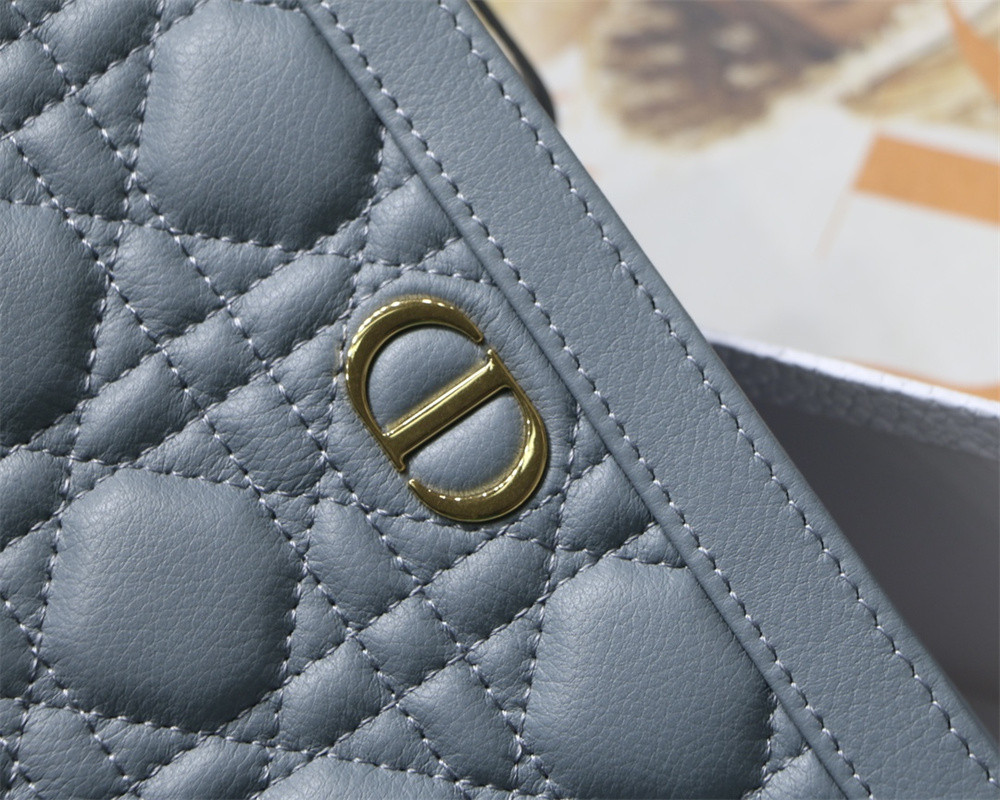 DIOR CARO ZIPPED POUCH WITH CHAIN Blue Supple Cannage Calfskin 19 x 14 x 4.5 cm