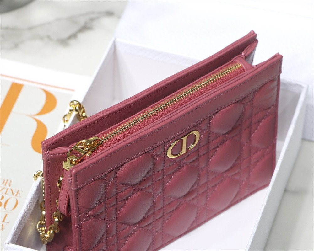 DIOR CARO ZIPPED POUCH WITH CHAIN Red Supple Cannage Calfskin 19 x 14 x 4.5 cm