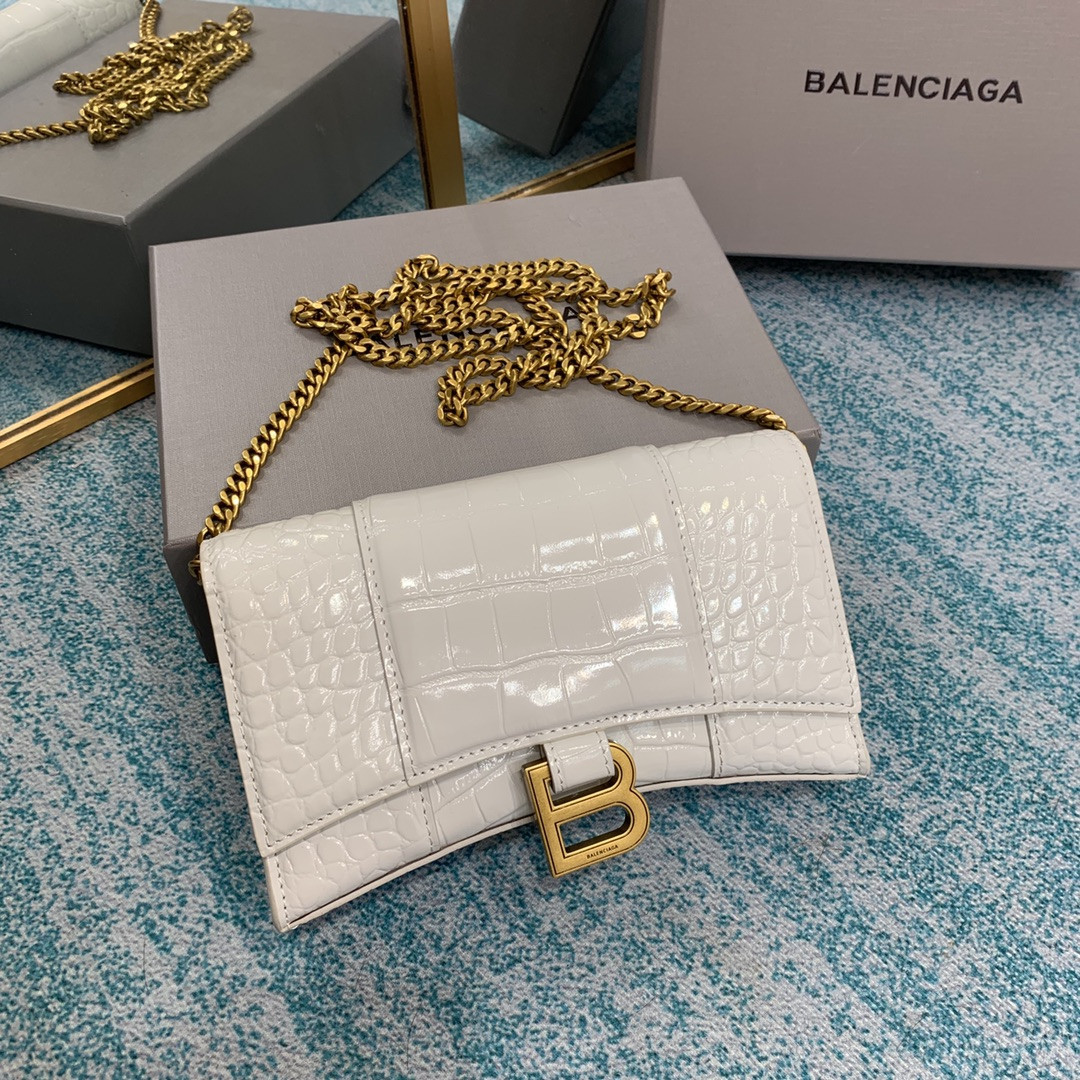 Balenciaga WOMEN'S HOURGLASS WALLET ON CHAIN CROCODILE EMBOSSED IN WHITE L7.6 x H4.7 x W1.9 inch