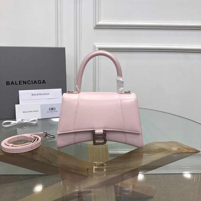Balenciaga WOMEN'S HOURGLASS SMALL HANDBAG IN SHINY LIGHT PINK BOX L9 x H5,5 x W3,9 inch