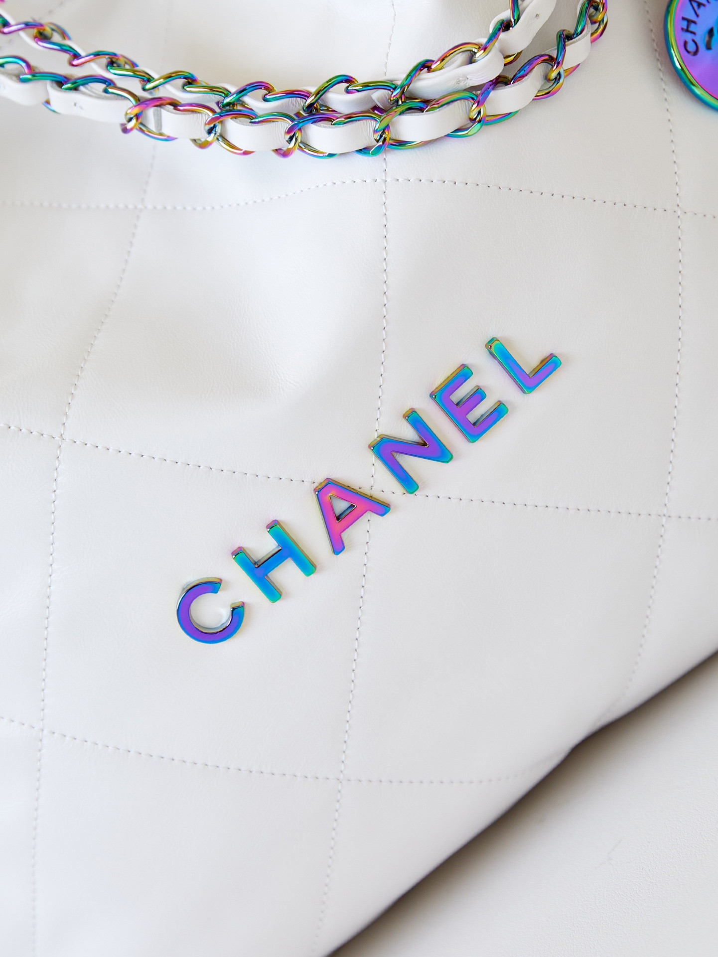 CHANEL 22 SMALL HANDBAG Shiny Calfskin & Rainbow Metal White 15.2×16.4×3.1 in