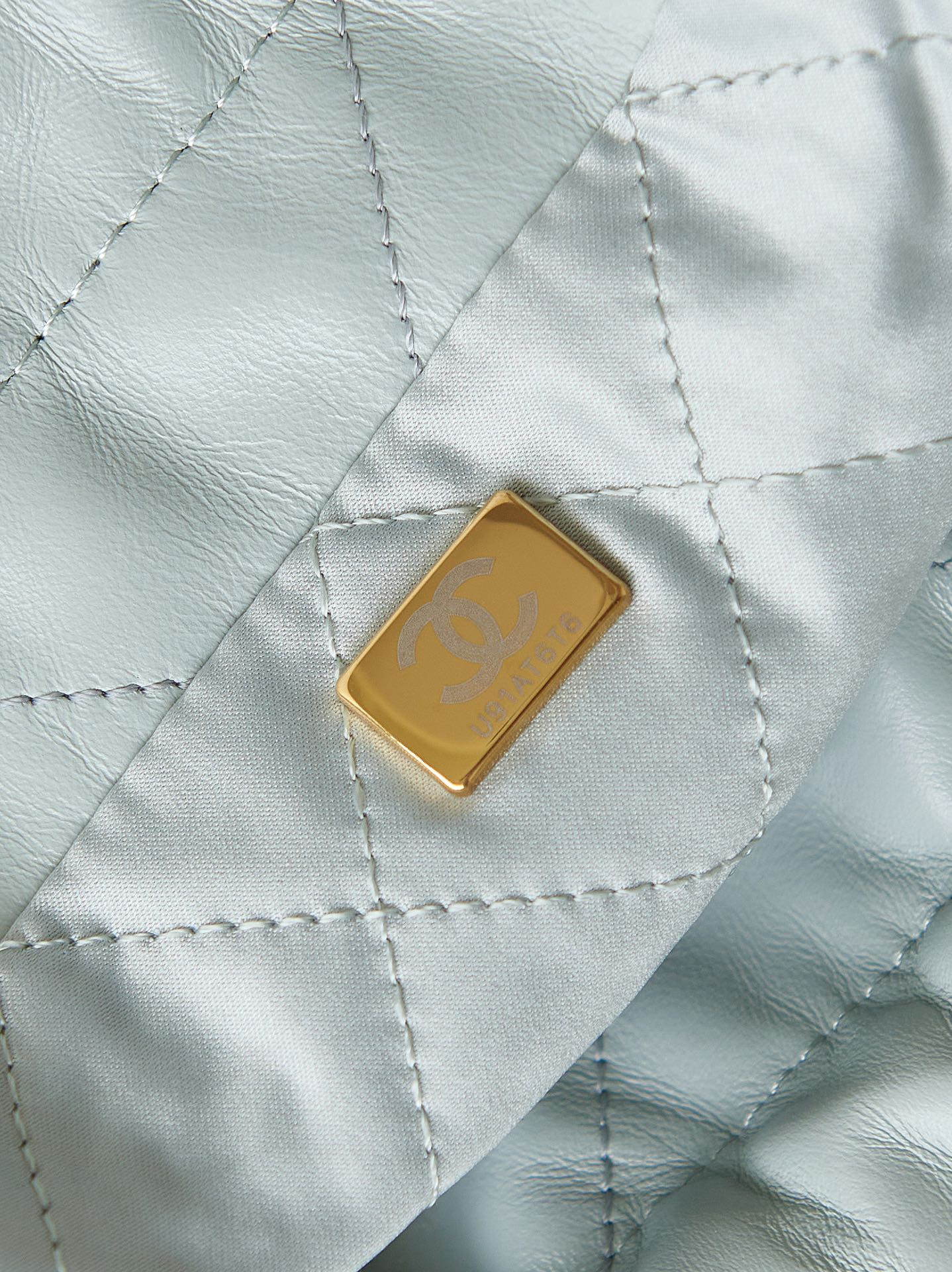 CHANEL 22 MINI HANDBAG Shiny Calfskin Light Blue 7.8 × 7.4 × 2.3 in