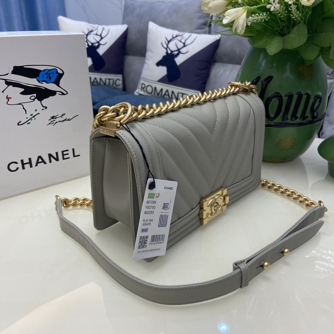 BOY CHANEL HANDBAG Shiny Grained Calfskin & Gold-Tone Metal Gray 5.9 × 9.8 × 3.5 in