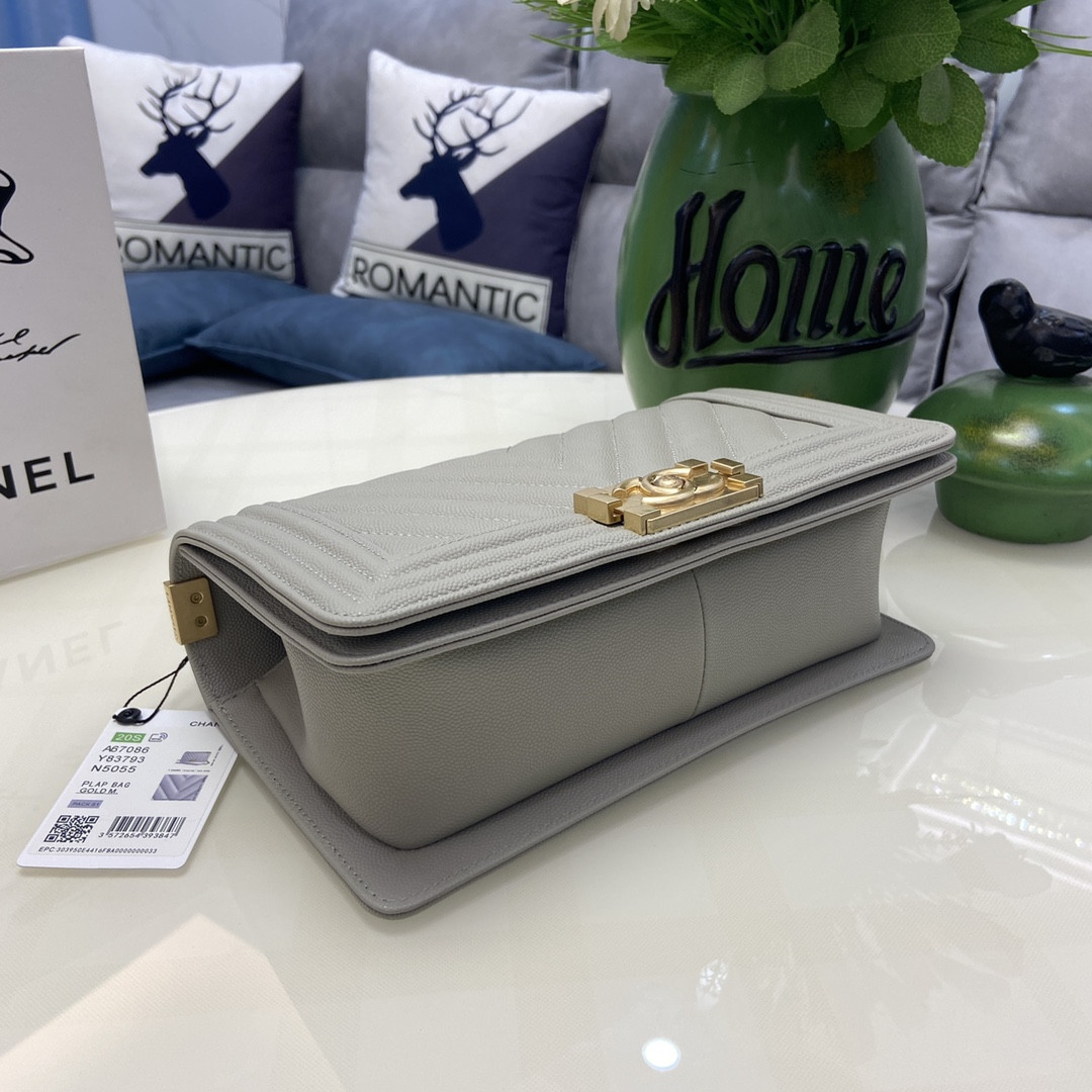 BOY CHANEL HANDBAG Shiny Grained Calfskin & Gold-Tone Metal Gray 5.9 × 9.8 × 3.5 in