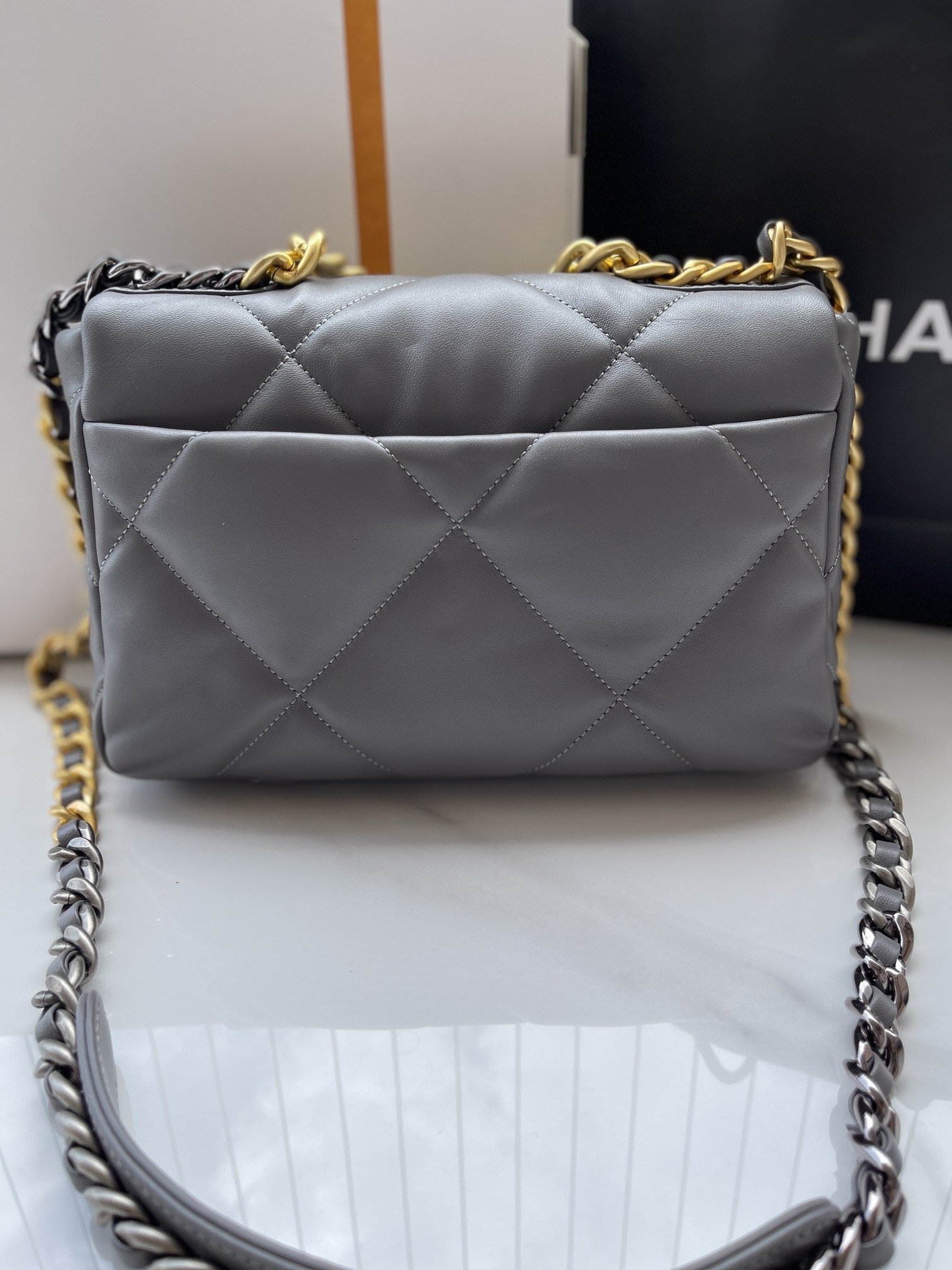 CHANEL 19 HANDBAG Shiny Leather, Gold-Tone, Silver-Tone & Ruthenium-Finish Metal Dark Gray 6.2 × 10.1 × 3.5 in