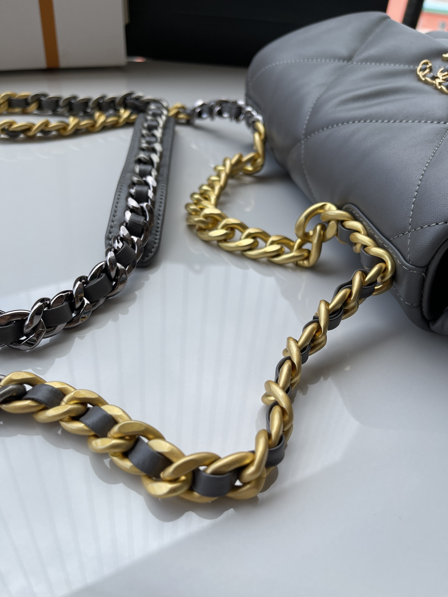 CHANEL 19 HANDBAG Shiny Leather, Gold-Tone, Silver-Tone & Ruthenium-Finish Metal Dark Gray 6.2 × 10.1 × 3.5 in