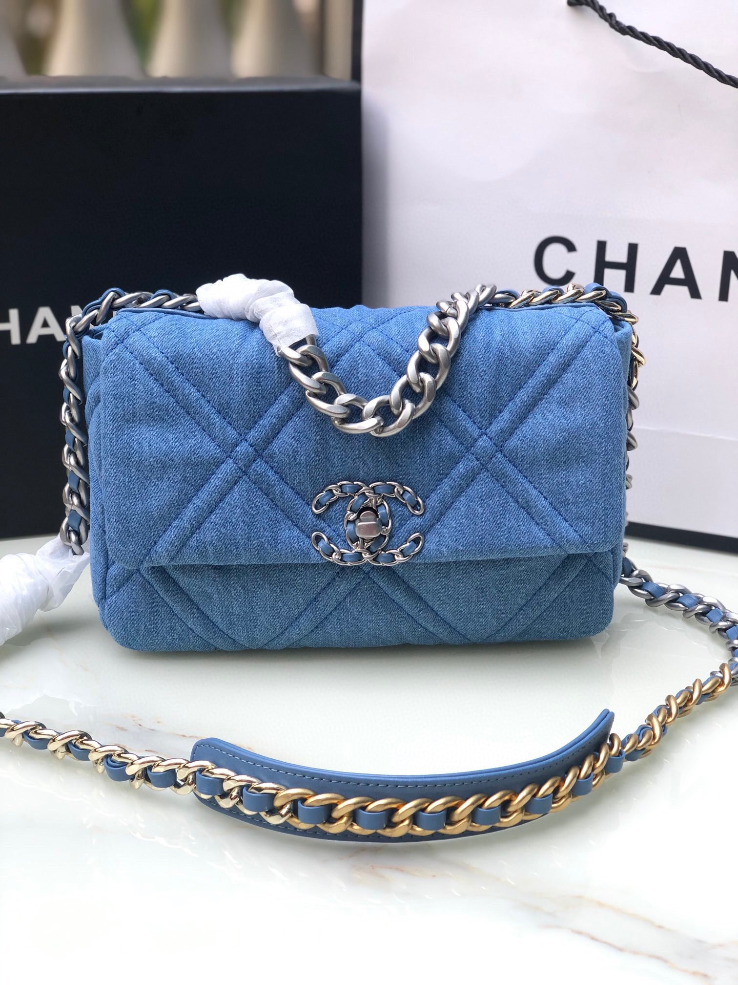 CHANEL 19 HANDBAG, Gold-Tone, Silver-Tone & Ruthenium-Finish Metal Blue 6.2 × 10.1 × 3.5 in