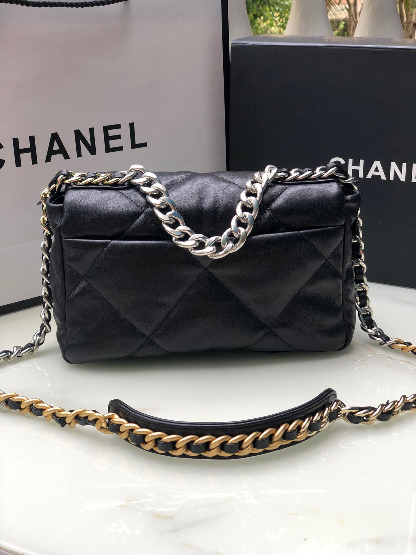CHANEL 19 HANDBAG Shiny Leather, Gold-Tone, Silver-Tone & Ruthenium-Finish Metal Black 6.2 × 10.1 × 3.5 in