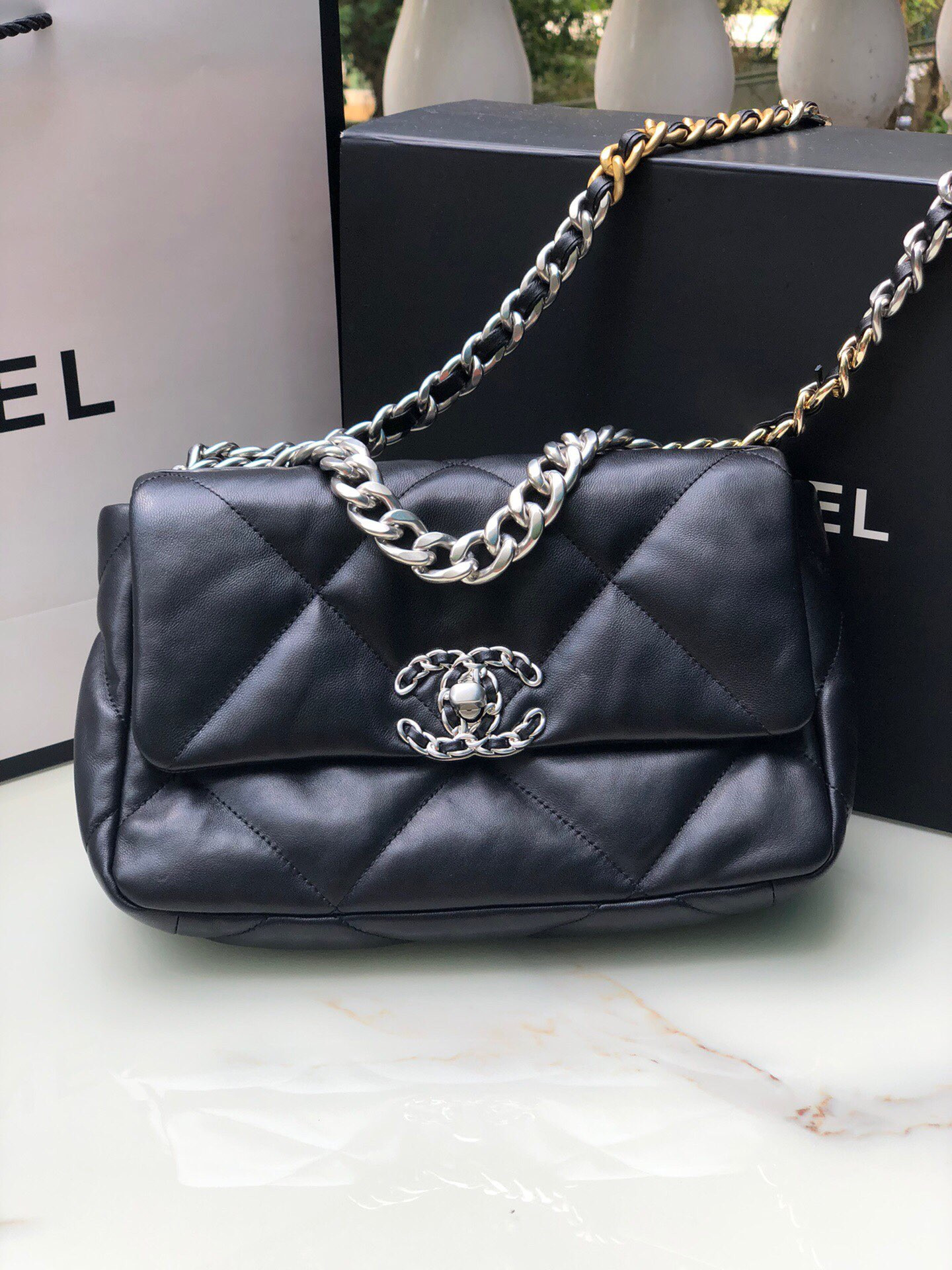 CHANEL 19 HANDBAG Shiny Leather, Gold-Tone, Silver-Tone & Ruthenium-Finish Metal Black 6.2 × 10.1 × 3.5 in