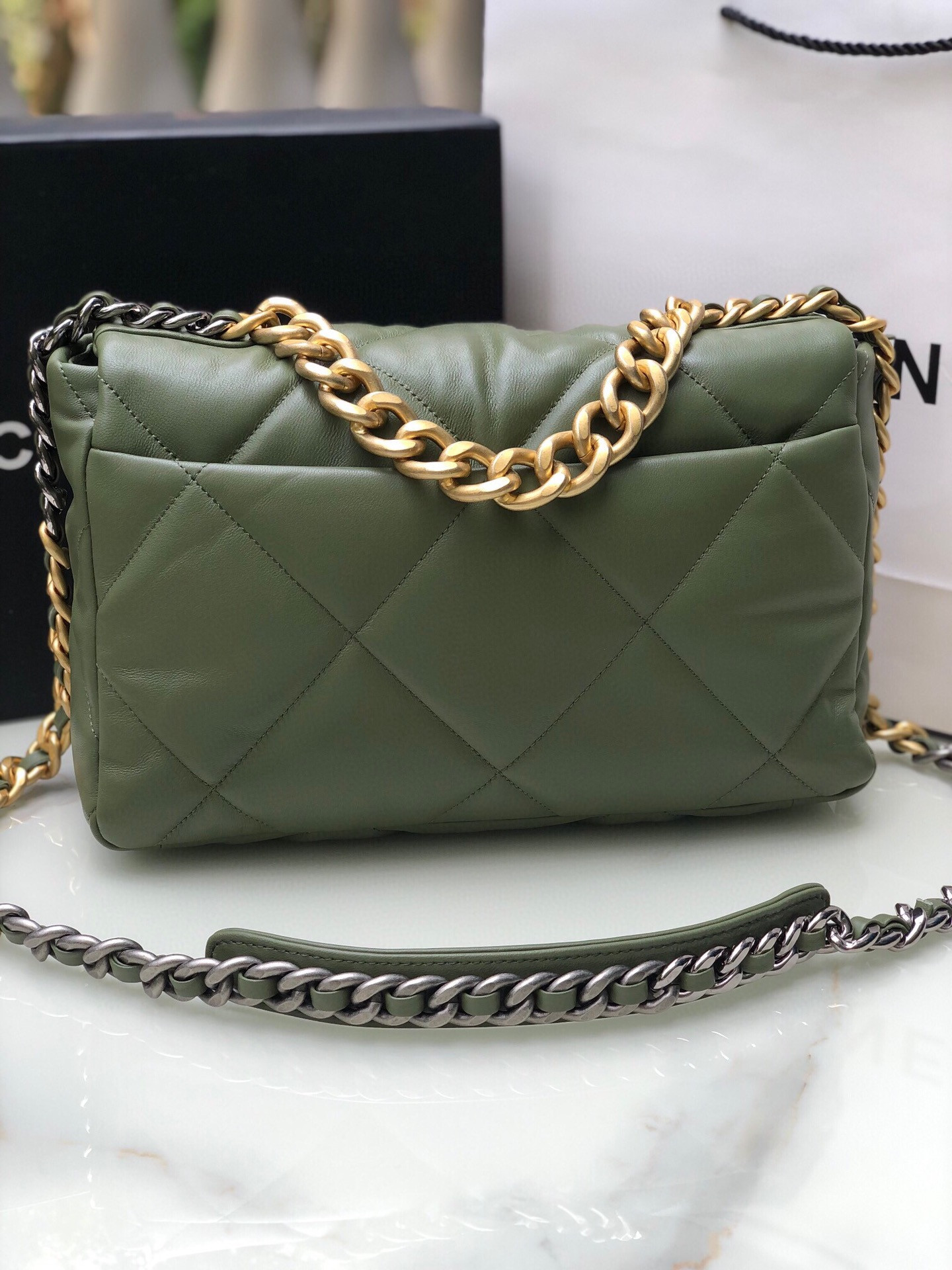 CHANEL 19 LARGE HANDBAG Shiny Leather, Gold-Tone, Silver-Tone & Ruthenium-Finish Metal Dark Green 7.8 × 11.7 × 3.9 in