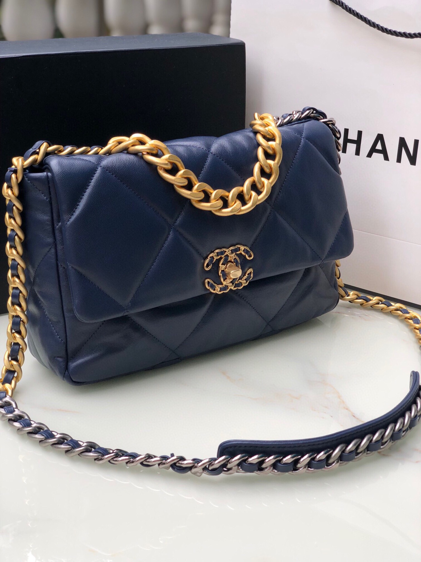 CHANEL 19 LARGE HANDBAG Shiny Leather, Gold-Tone, Silver-Tone & Ruthenium-Finish Metal Navy 7.8 × 11.7 × 3.9 in
