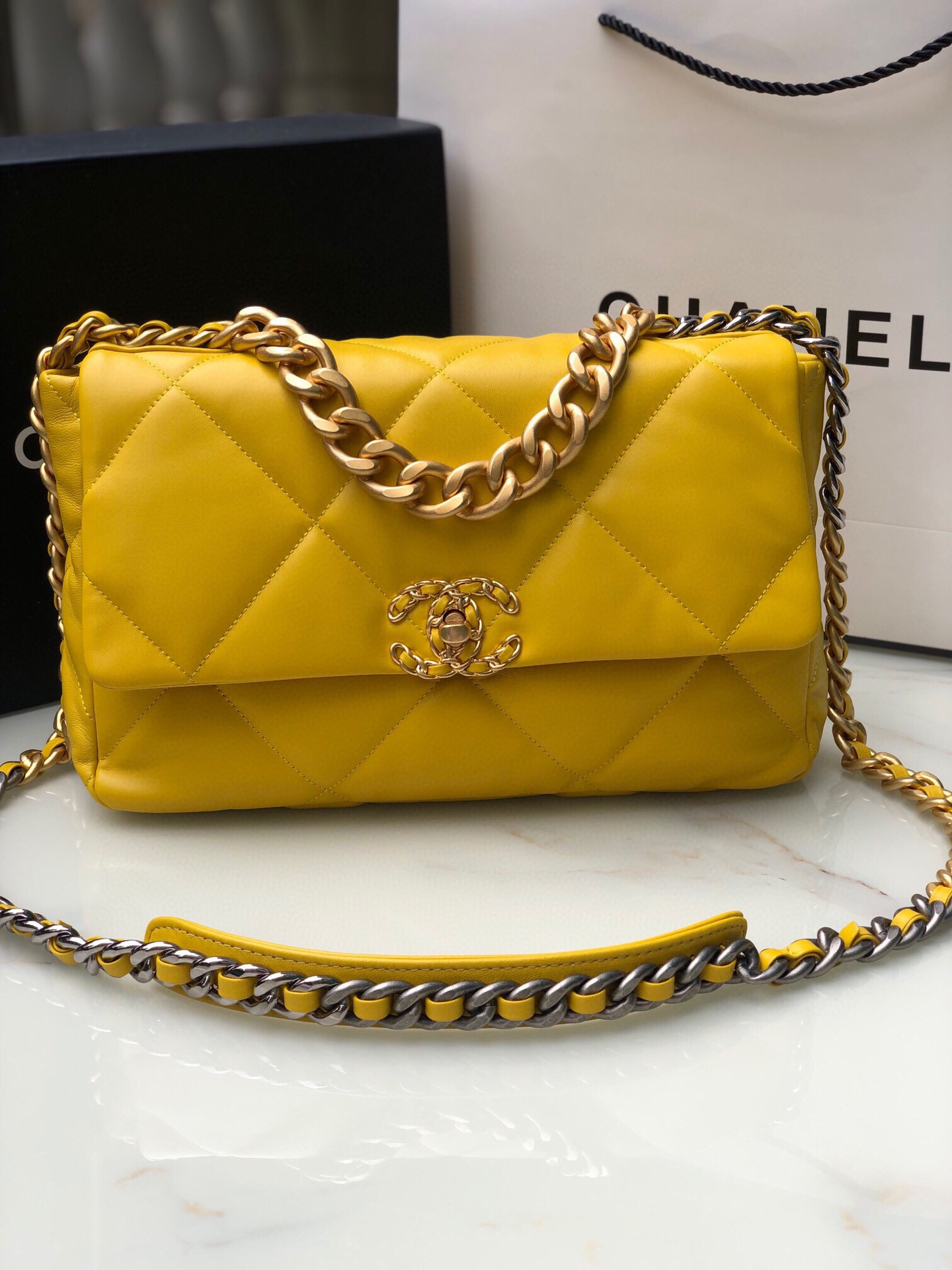 CHANEL 19 LARGE HANDBAG Shiny Leather, Gold-Tone, Silver-Tone & Ruthenium-Finish Metal Yellow 7.8 × 11.7 × 3.9 in