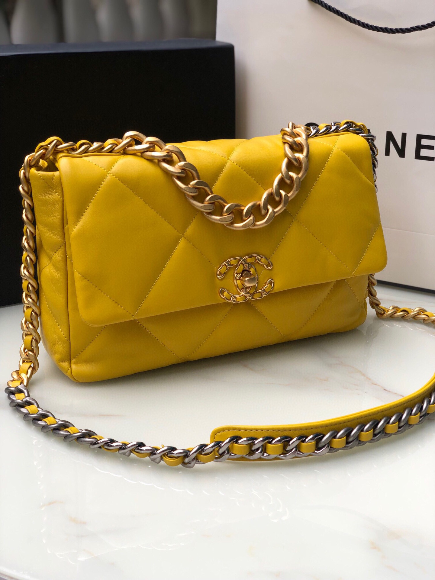 CHANEL 19 LARGE HANDBAG Shiny Leather, Gold-Tone, Silver-Tone & Ruthenium-Finish Metal Yellow 7.8 × 11.7 × 3.9 in