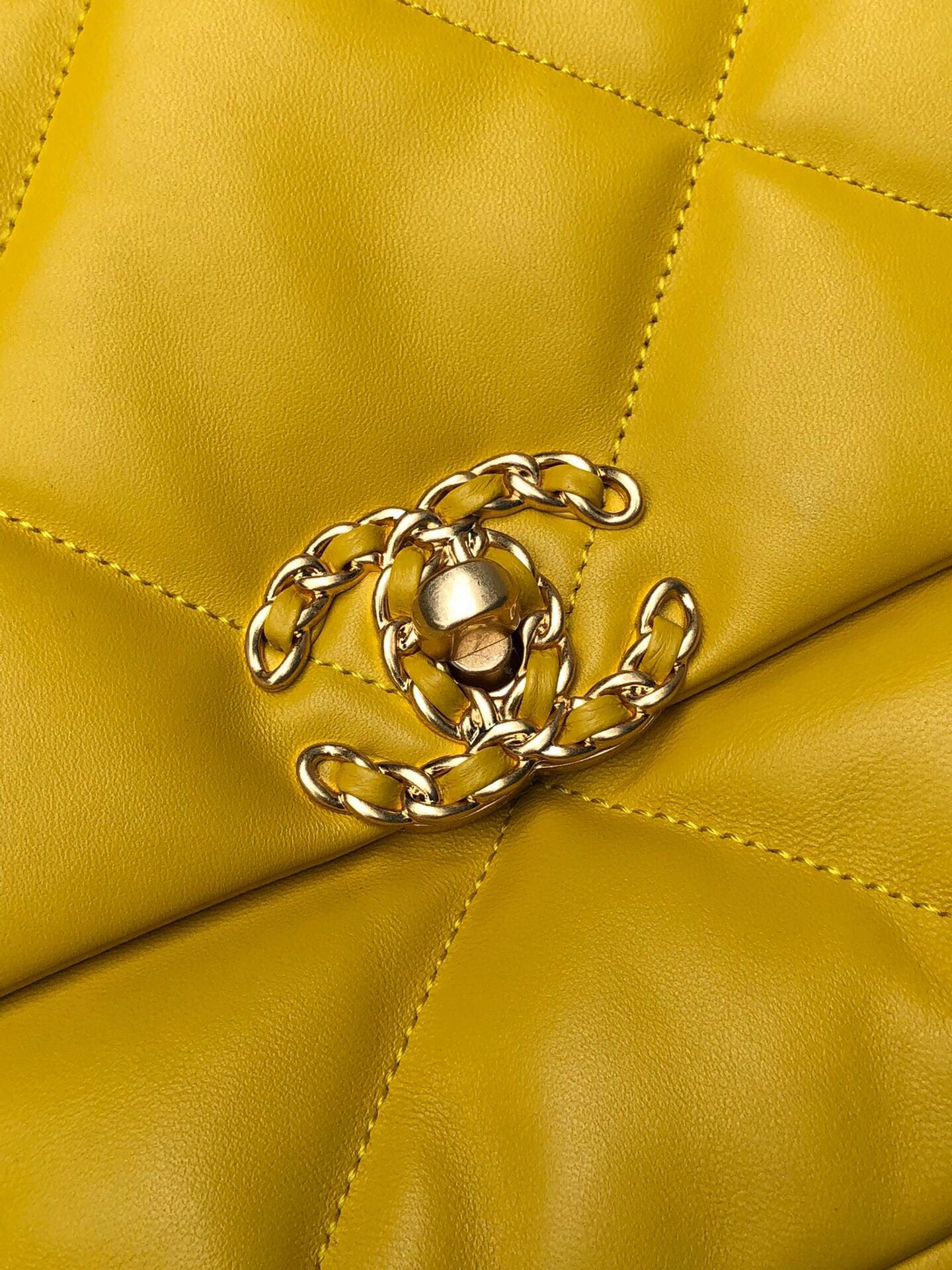 CHANEL 19 LARGE HANDBAG Shiny Leather, Gold-Tone, Silver-Tone & Ruthenium-Finish Metal Yellow 7.8 × 11.7 × 3.9 in