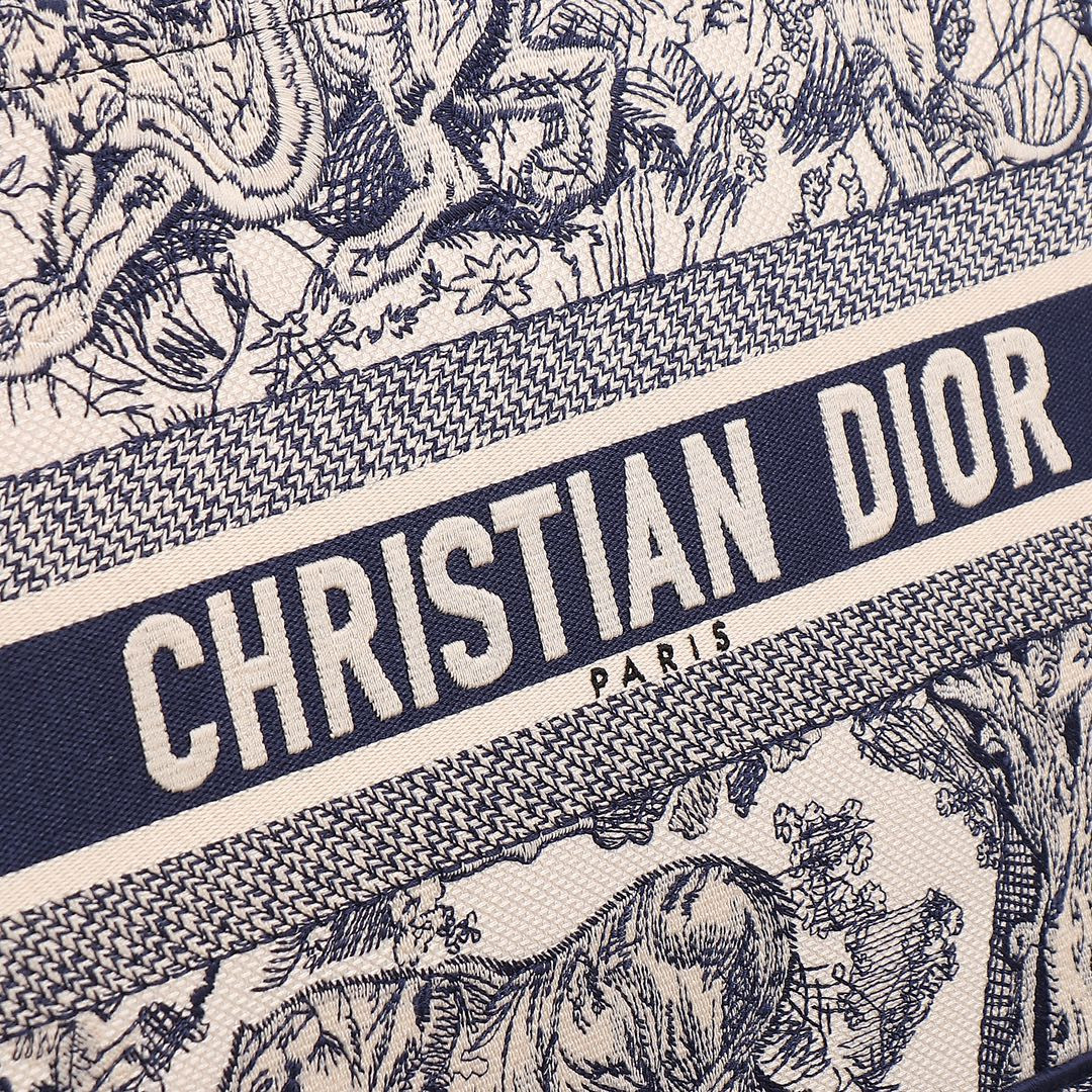 Medium Dior Book Tote  Ecru and Blue Toile de Jouy Embroidery 14 x 11 x 6.5 inches