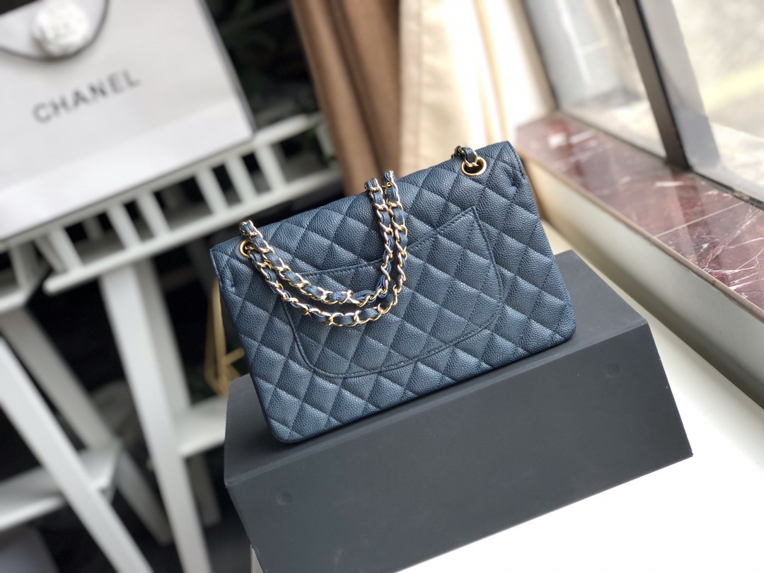 CHANEL CLASSIC HANDBAG GRAINED CALFSKIN & GOLD-TONE METAL NAVY 6 × 9.9 × 2.5 in