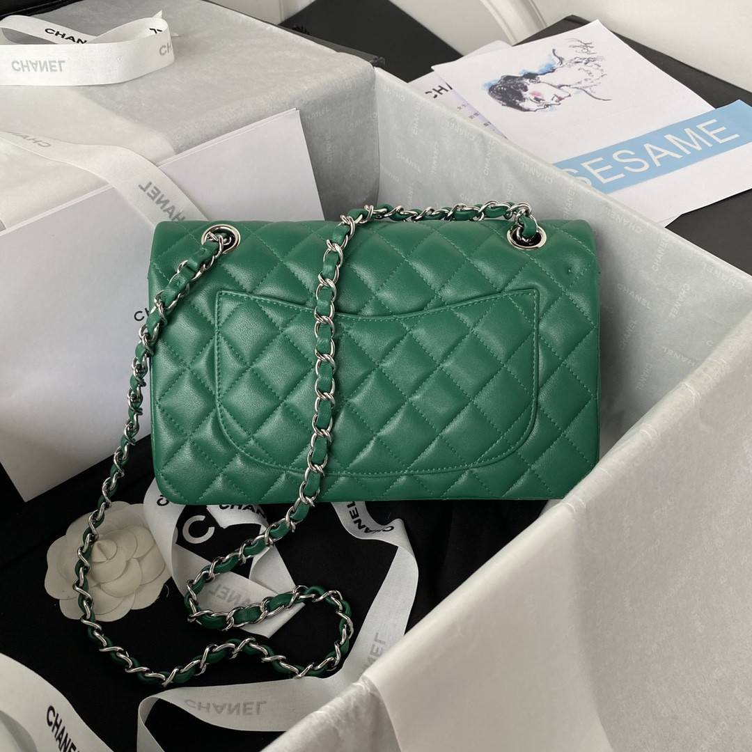 CHANEL SMALL CLASSIC HANDBAG Grained SHINY Calfskin & Silver-Tone Metal Green 5.7 × 9 × 2.3 in