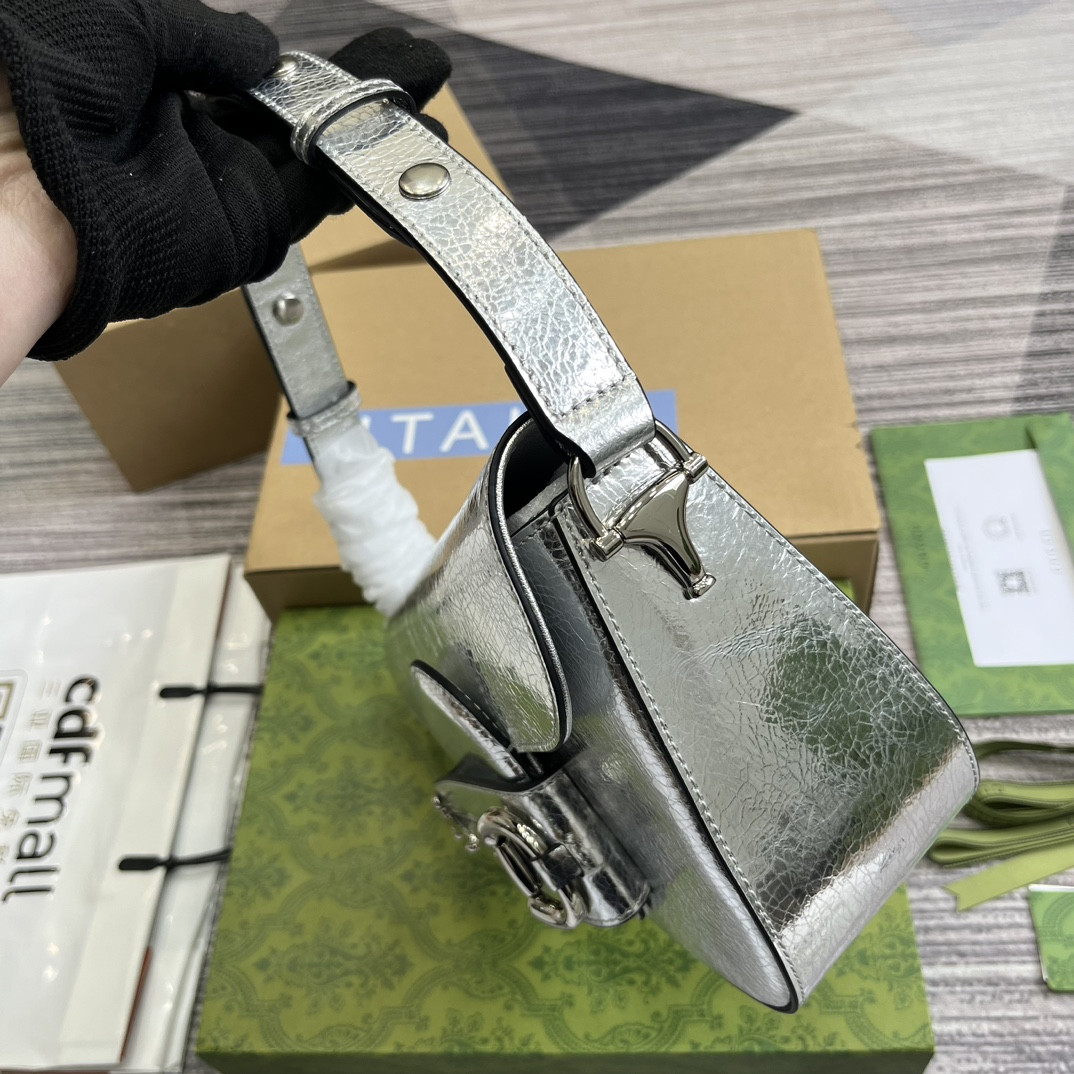 GUCCI HORSEBIT 1955 SMALL SHOULDER BAG Metallic silver 10.4"W x 6.7-4.1"H x 3.1-1.6"D