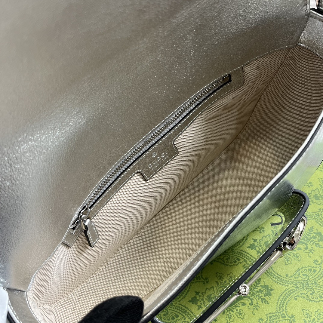 GUCCI HORSEBIT 1955 SMALL SHOULDER BAG Metallic silver 10.4"W x 6.7-4.1"H x 3.1-1.6"D