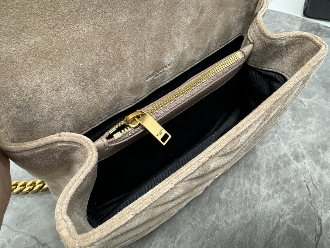 YSL COLLEGE MEDIUM IN QUILTED SUEDE GRAY 9.4 X 6.6 X 2.5 INCHES