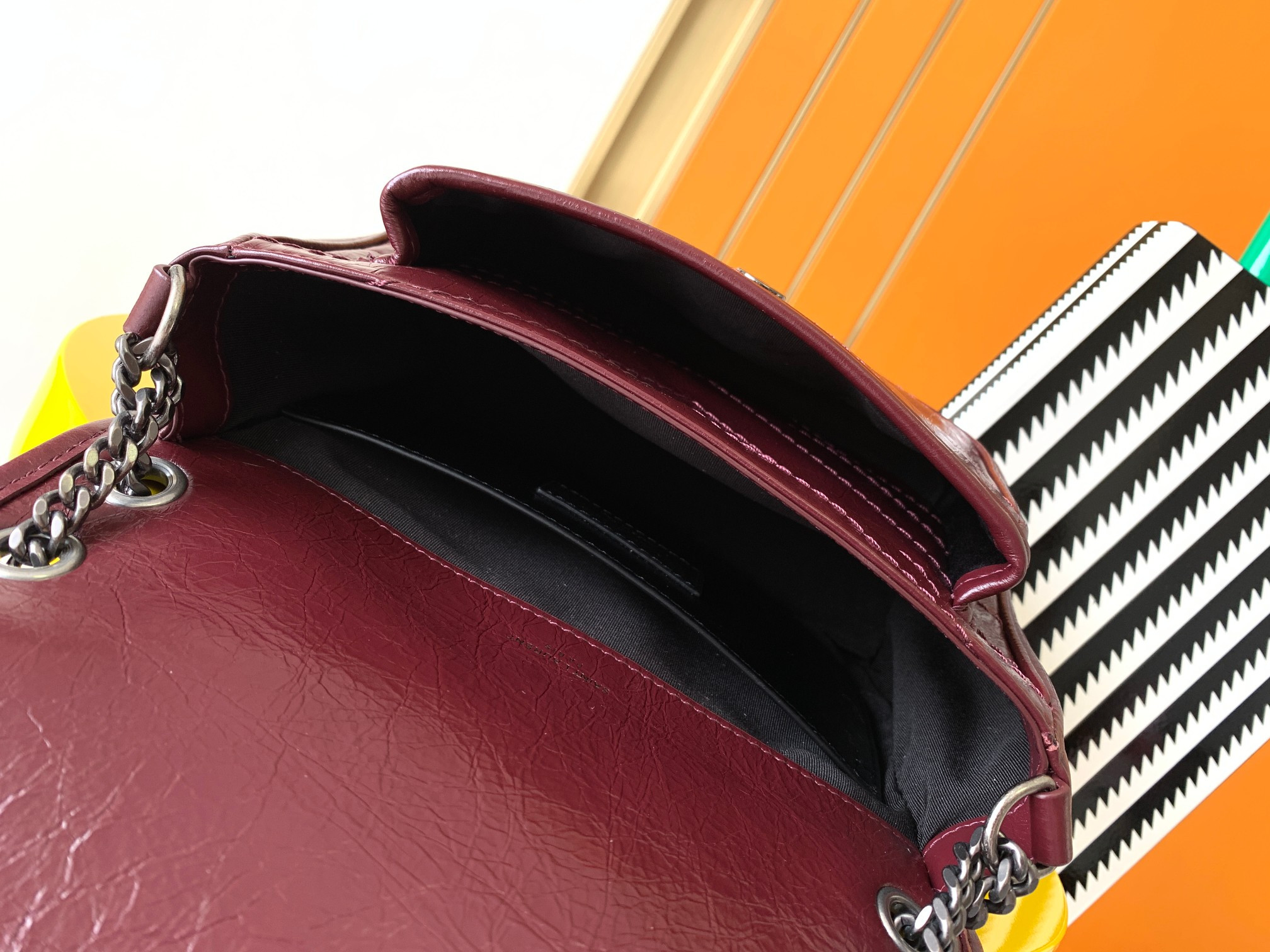 YSL NIKI BABY IN VINTAGE LEATHER Claret 8.2 X 6 X 2.9 INCHES