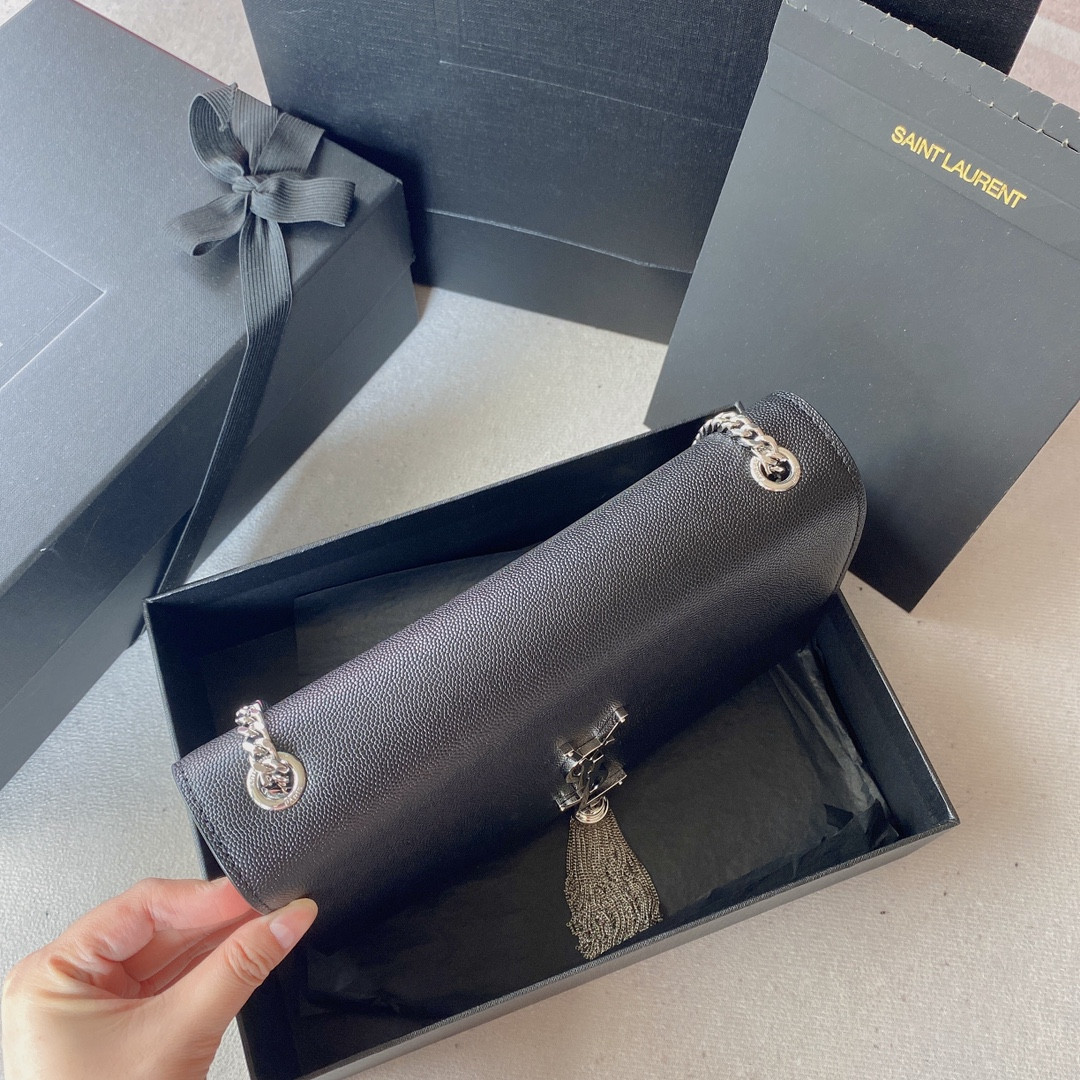 YSL KATE MEDIUM IN GRAIN DE POUDRE EMBOSSED LEATHER BLACK SILVER 9.4 X 5.7 X 2.1 INCHES