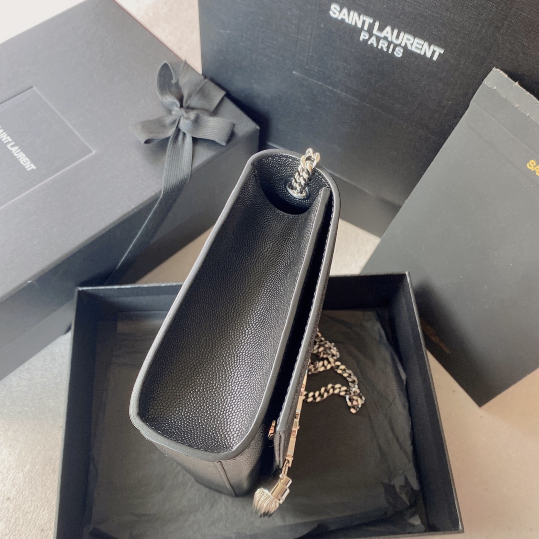 YSL KATE MEDIUM IN GRAIN DE POUDRE EMBOSSED LEATHER BLACK SILVER 9.4 X 5.7 X 2.1 INCHES