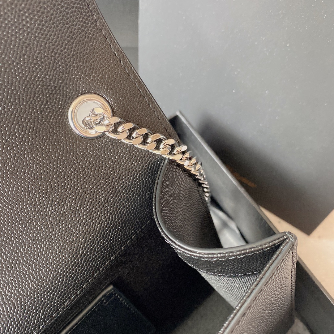 YSL KATE MEDIUM IN GRAIN DE POUDRE EMBOSSED LEATHER BLACK SILVER 9.4 X 5.7 X 2.1 INCHES