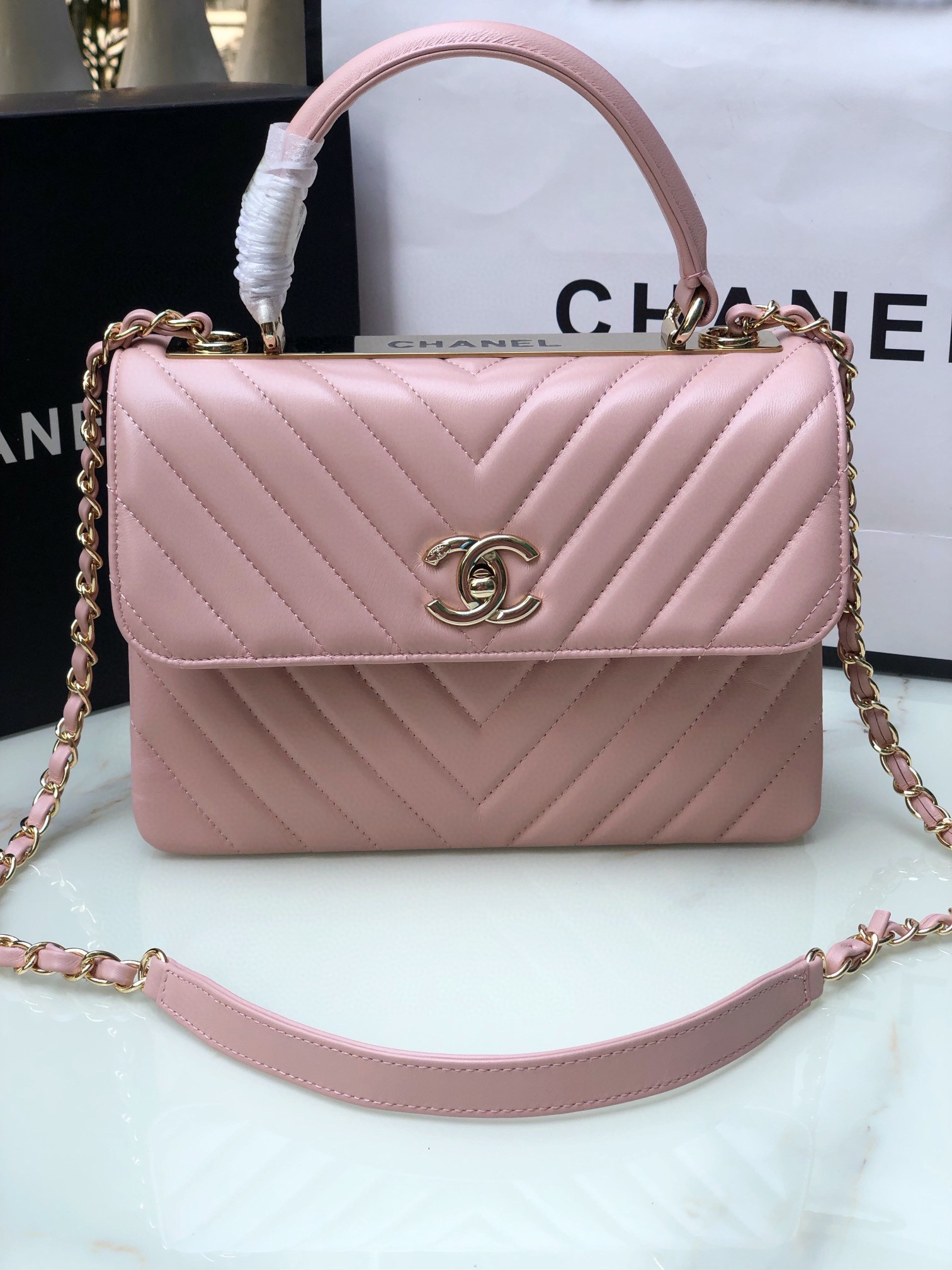 CHANEL FLAP BAG WITH TOP HANDLE PINK 6.6 × 9.8 × 4.7 in