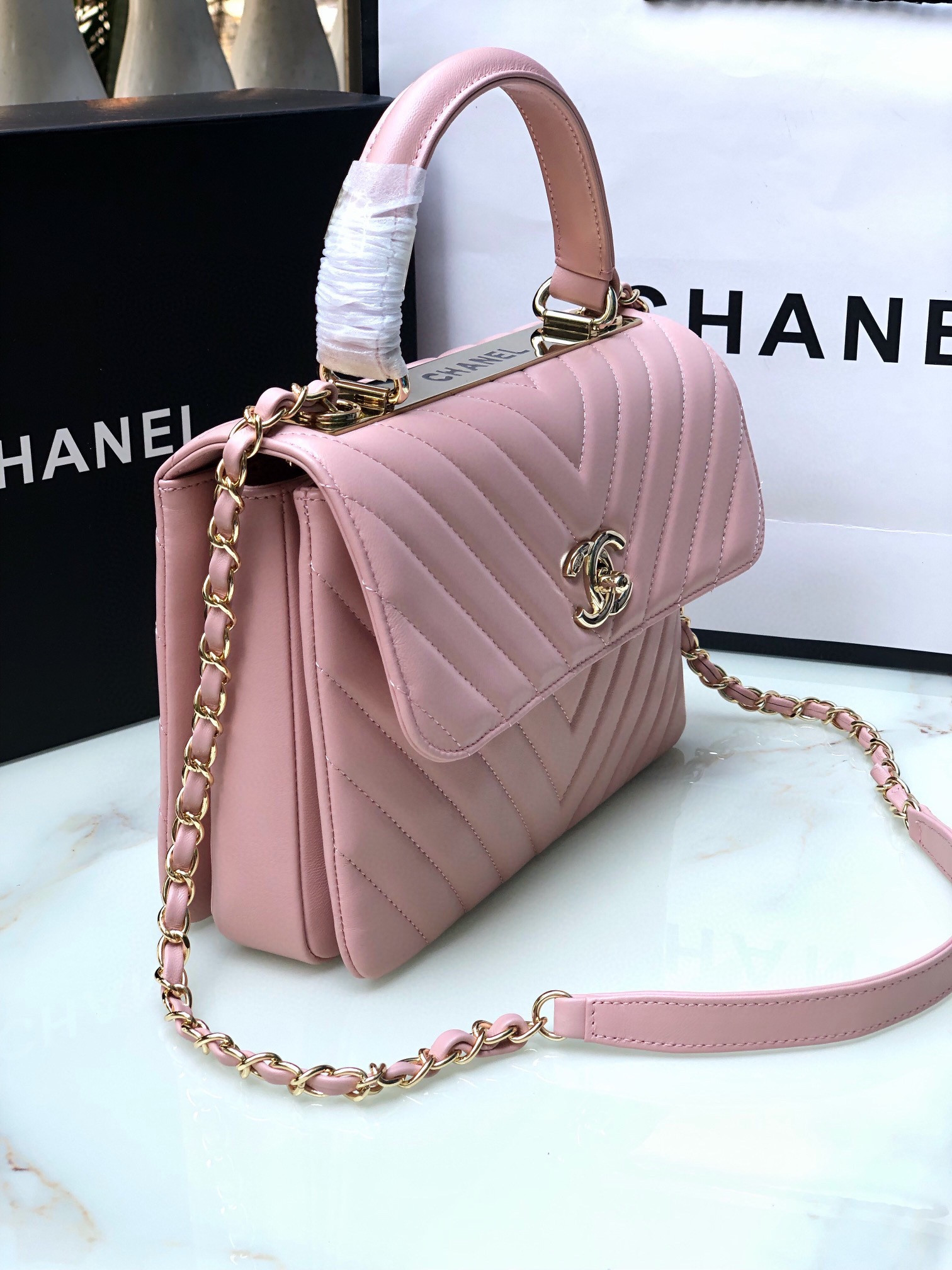CHANEL FLAP BAG WITH TOP HANDLE PINK 6.6 × 9.8 × 4.7 in