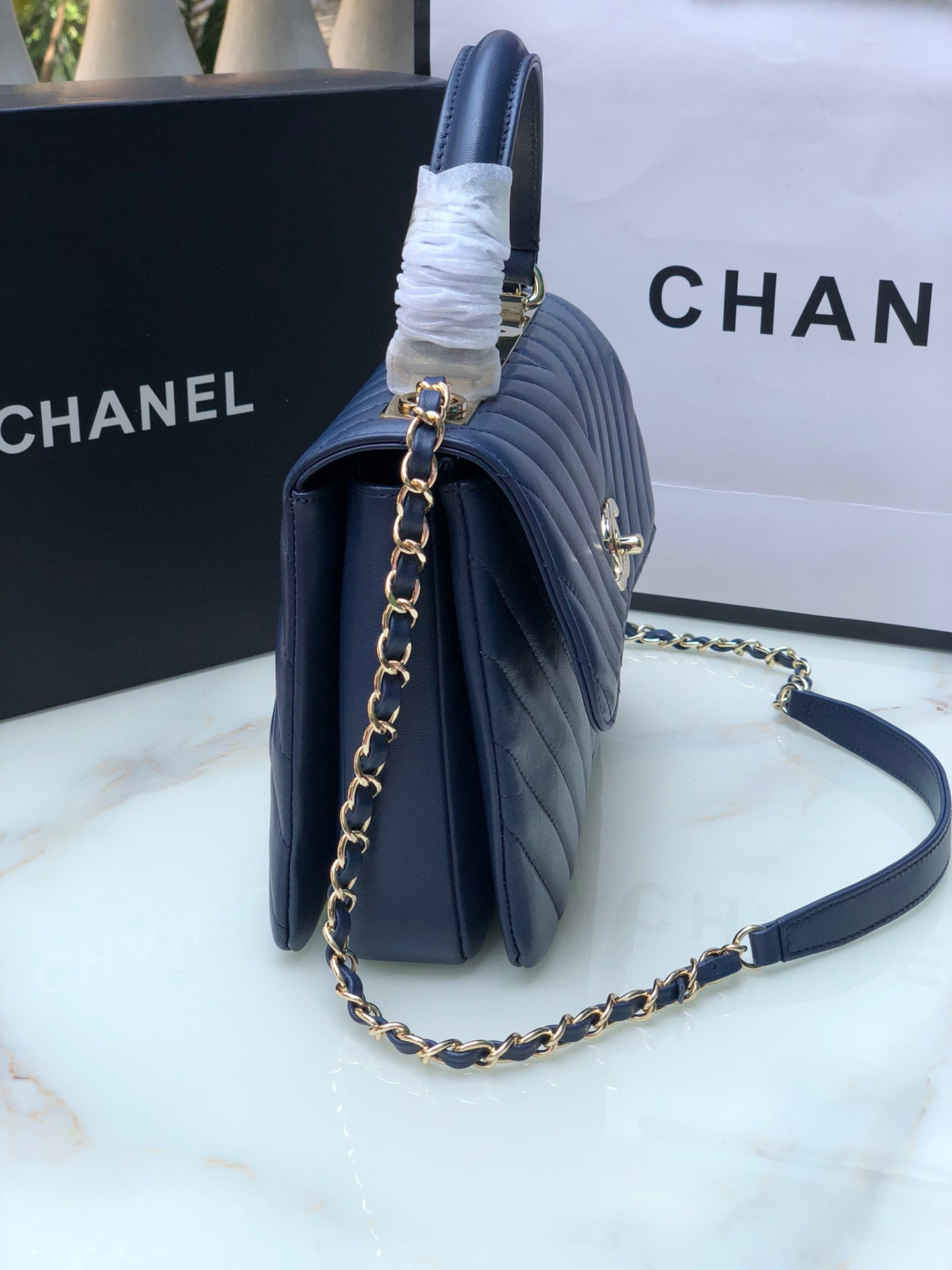 CHANEL FLAP BAG WITH TOP HANDLE NAVY 6.6 × 9.8 × 4.7 in