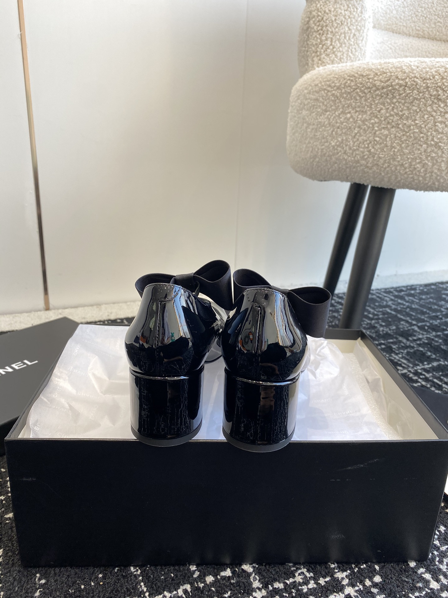 UA CHANEL MARY JANES Patent Calfskin & Grosgrain